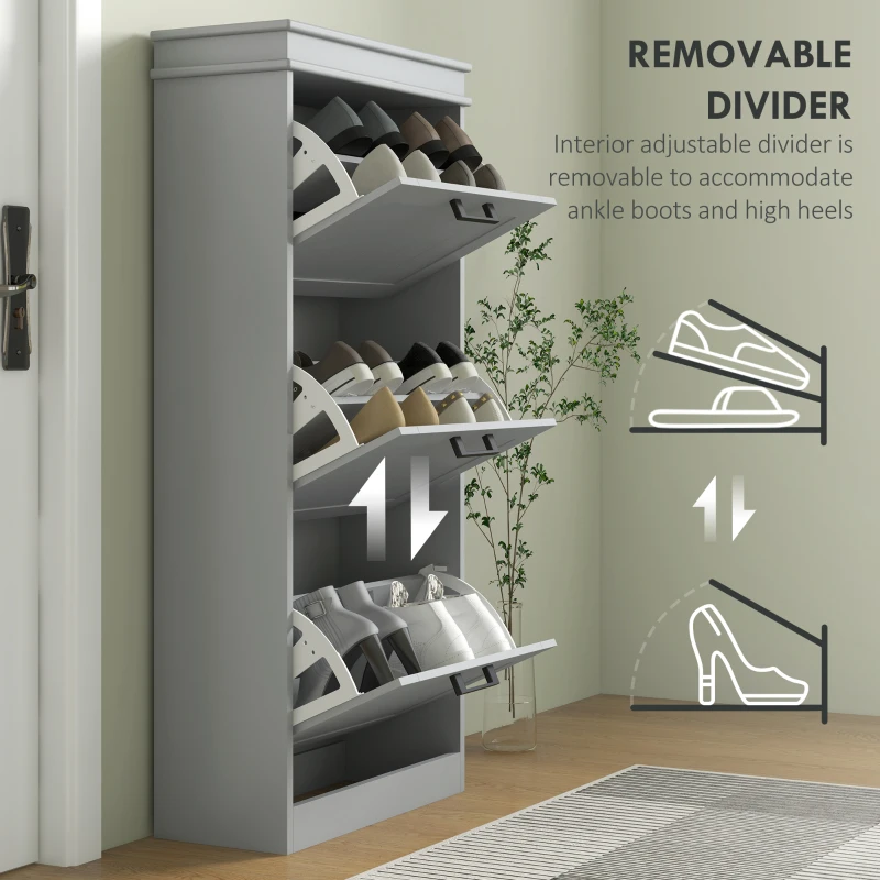 HOMCOM Slim Shoe Cabinet with 3 Flip Drawers and Adjustable Shelves, Narrow Shoe Cabinet for 15 Pairs of Shoes, Grey