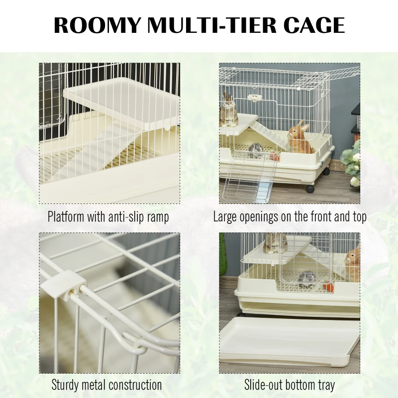 PawHut 2-Level Small Animal Cage Rabbit Hutch with Wheels, Removable Tray, Platform and Ramp for Bunny, Chinchillas, Ferret, White