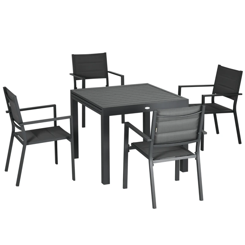 Outsunny Patio Dining Set for 6, Aluminum Expandable Outdoor Table and 6 Stackable Chairs with Padded Back, Mesh Seat, Dark Grey