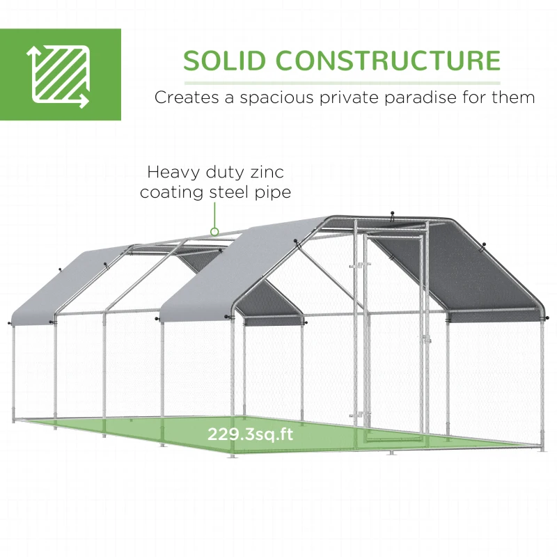 PawHut Large Chicken Coop Metal Chicken Run for Chickens with Waterproof and Anti-UV Cover, Flat Shaped Walk in Fence Cage Hen House for Outdoor and Yard Farm Use, 1.26" Dia, 9' x 24.9' x 6.5'