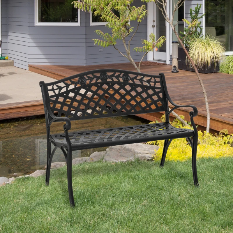Outsunny Outdoor Garden Bench, 40" Patio Bench with Aluminum Frame and Armrests, 2-Person Patio Loveseat with Floral Pattern for Park, Porch, Yard, Lawn, 485 LBS Capacity