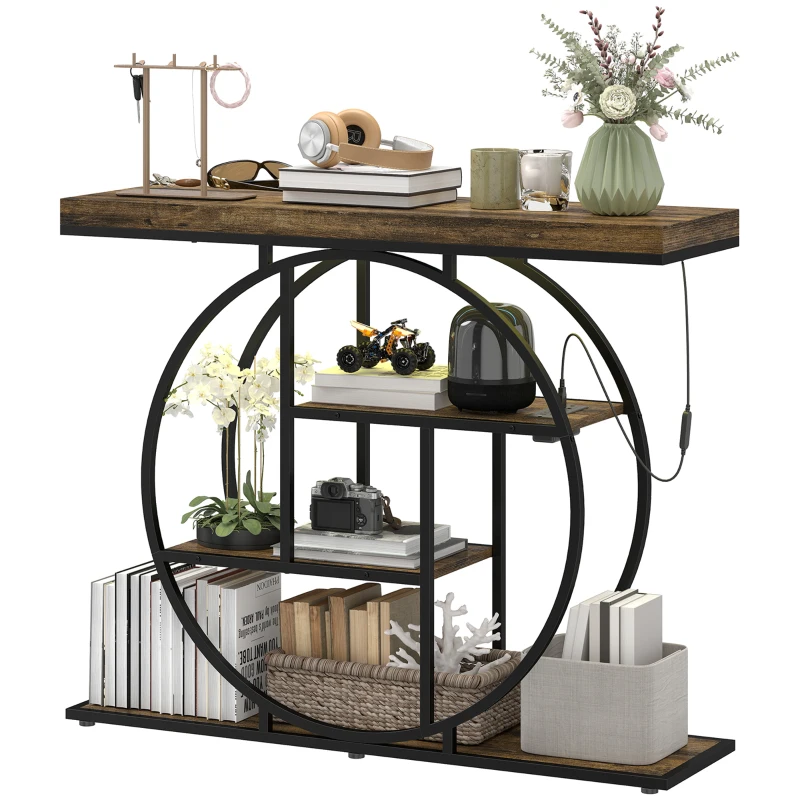 HOMCOM 4-Tier Entryway Table with Charging Station LED Lights 39" Console Table with Circle Base for Living Room, Rustic Brown