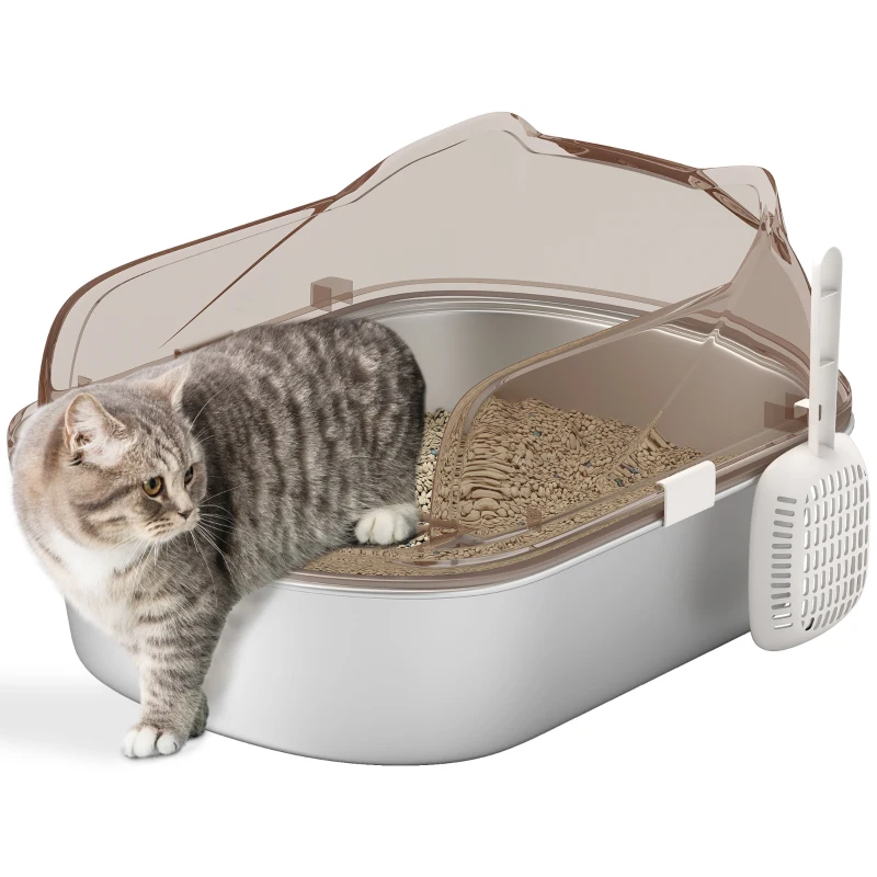 PawHut Stainless Steel Cat Litter Box with High Sided Enclosure, Scoop, Non-Sticky & Anti-Urine Leakage, Easy Cleaning