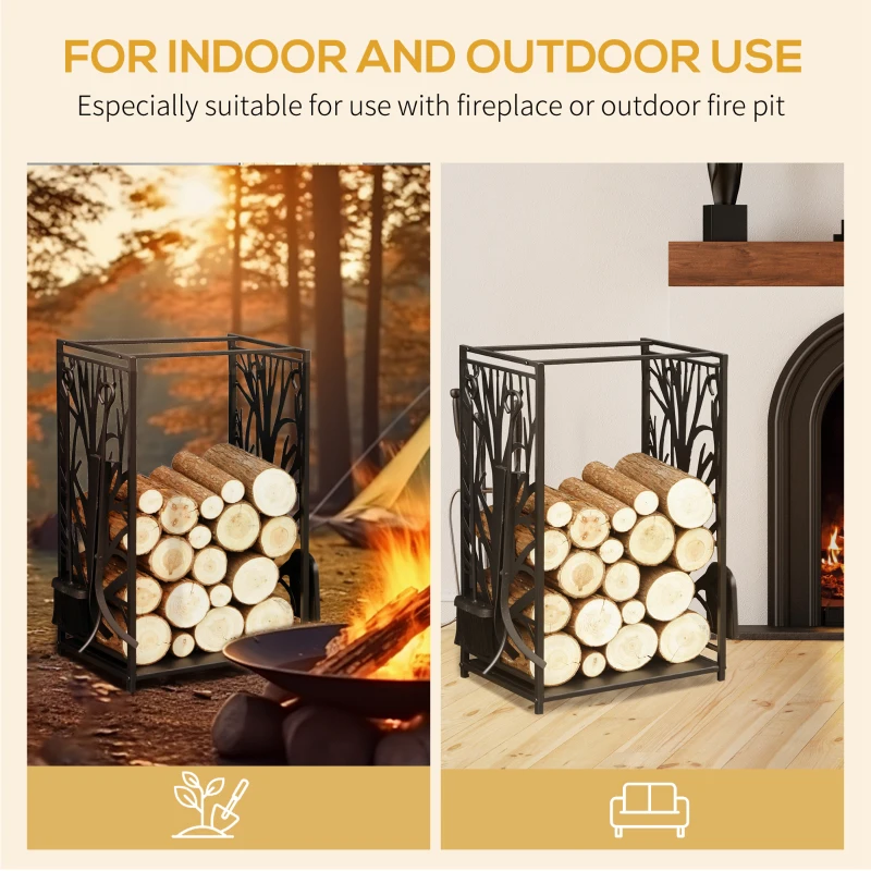 HOMCOM 18.1" x 11.8" x 27.6" Firewood Rack with 4 Tools, Log Holder for Fireplace, Outdoor Indoor Wood Storage Stacker, Black