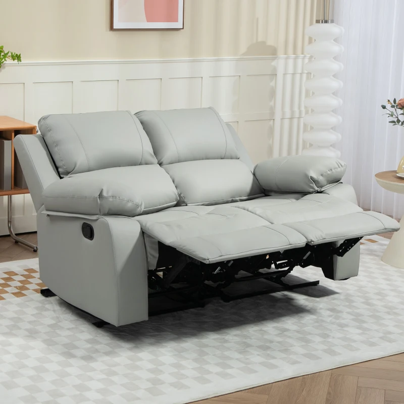 HOMCOM PU Leather Manual Recliner Sofa, Double Reclining Loveseat with Pull Tab Control Footrest for Living Room, Light Grey