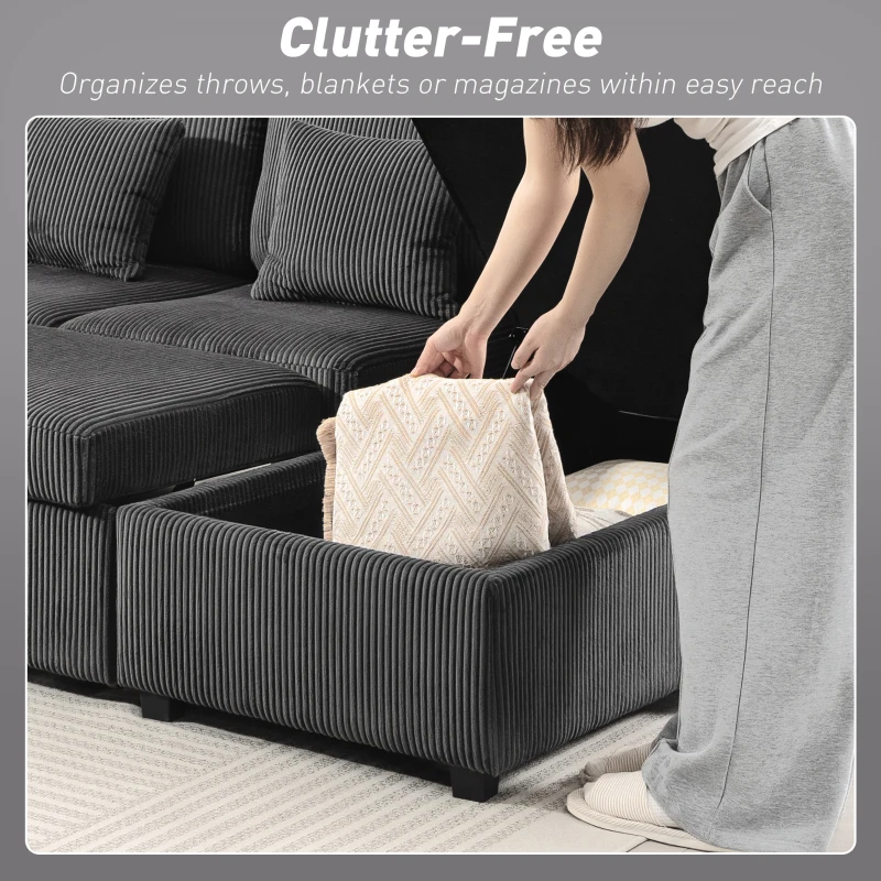 HOMCOM Convertible Sofa Bed, Corduroy U-Shaped Sleeper Sofa Couch with Storage Chaise, Pillows, Spring, Futon Couch, Grey