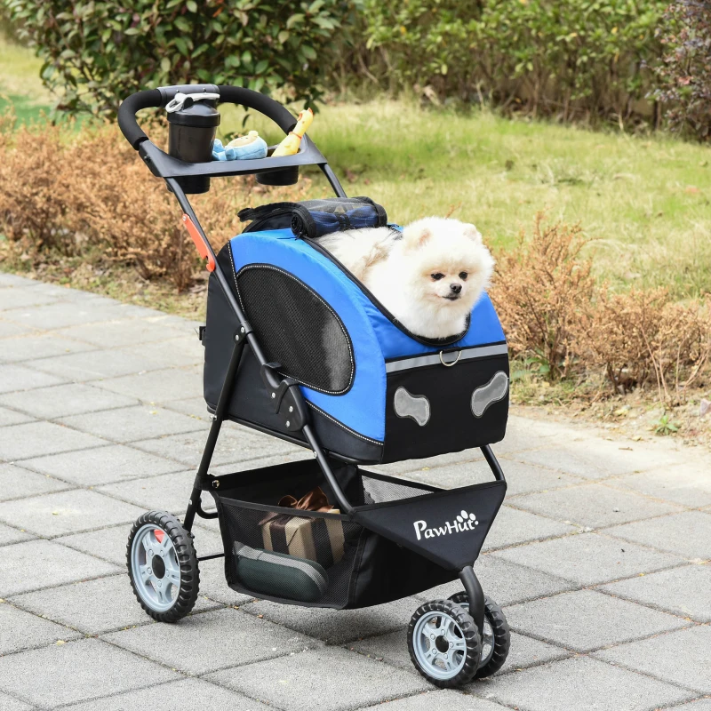 PawHut Foldable Pet Stroller, 5-In-1 Dog Cat Travel Carriage, Carrying Shoulder, Bag Backpack, Stroller, Luggage with Universal Wheel, Canopy, Basket, Cup Holder, Blue