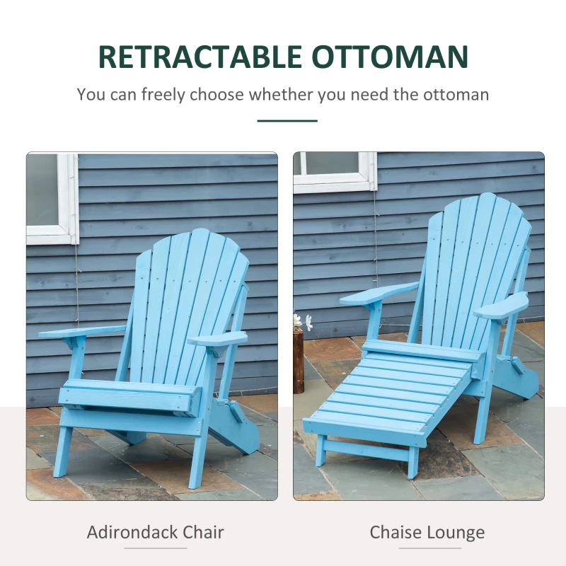 Outsunny Folding Adirondack Chair with Ottoman, Outdoor Wooden Lounger for Patio, Porch, Poolside, Garden, Blue