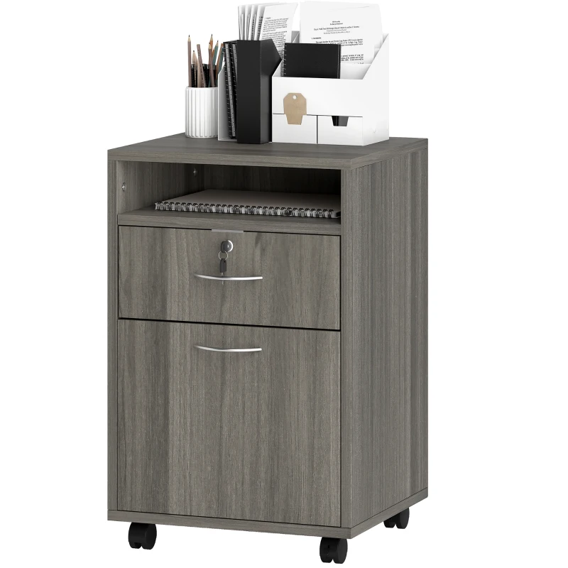 HOMCOM 24" Filing Cabinet with Open Compartment, Lockable Drawer and Wheels, Home Office Storage Cabinet, Distressed Grey