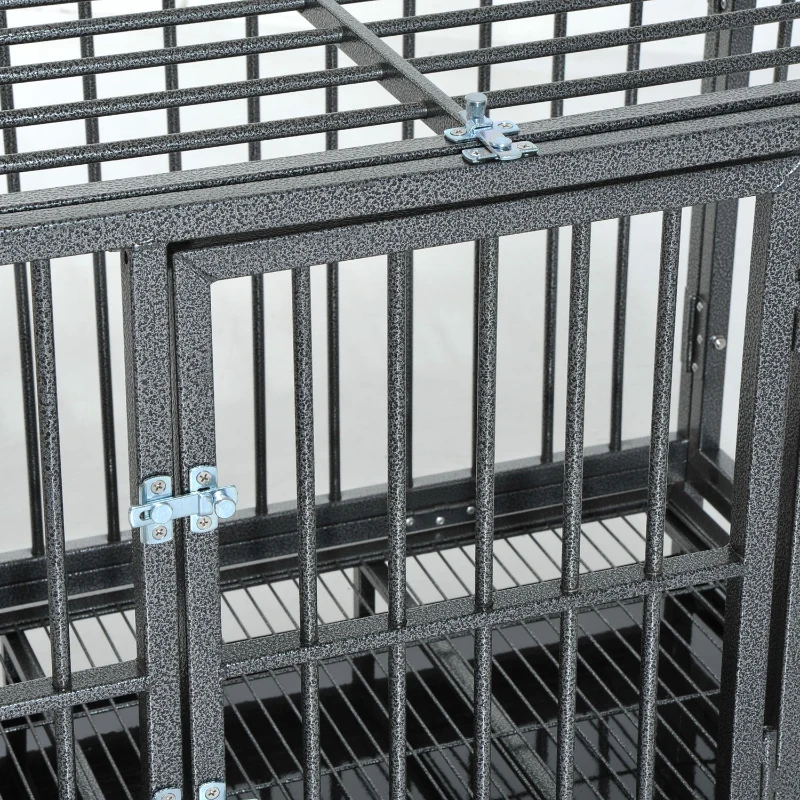 PawHut 36" Heavy Duty Dog Crate Metal Cage Kennel with Lockable Wheels, Double Door and Removable Tray, Gray