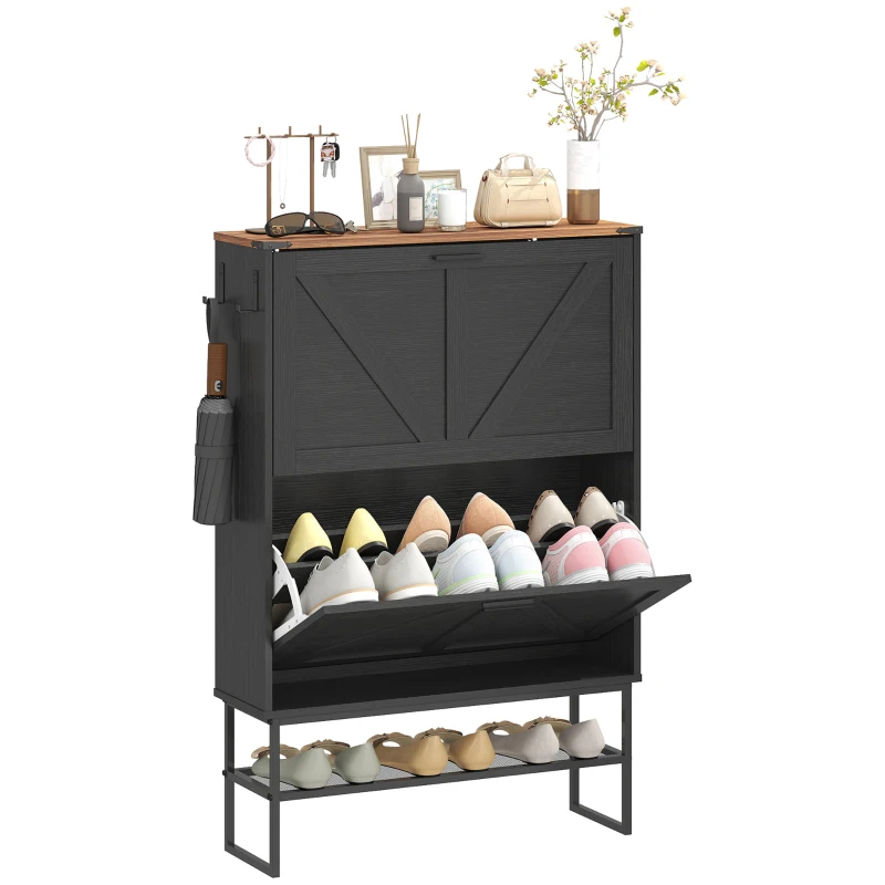 HOMCOM Narrow Shoe Storage Cabinet with 2 Flip Drawers, Slim Shoe Cabinet for 15-20 Pairs, Black Wood Grain