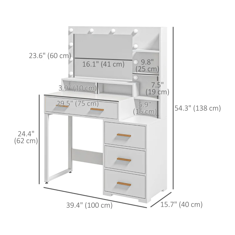 HOMCOM Illuminated Dresssing Table, LED Vanity Table with Mirror, Drawer and Storage Shelves for Bedroom, White