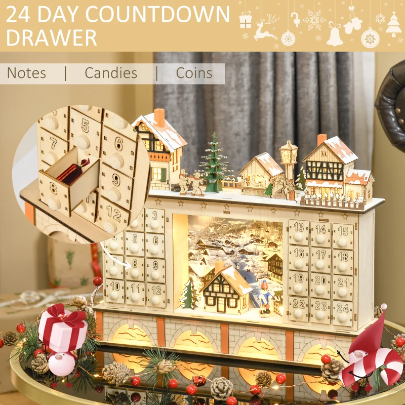 HOMCOM Christmas Advent Calendar, 2022 Light Up Table Xmas Wooden Store Holiday Decoration with Countdown Drawer, Village, for kids Adults, Natural Wood Color