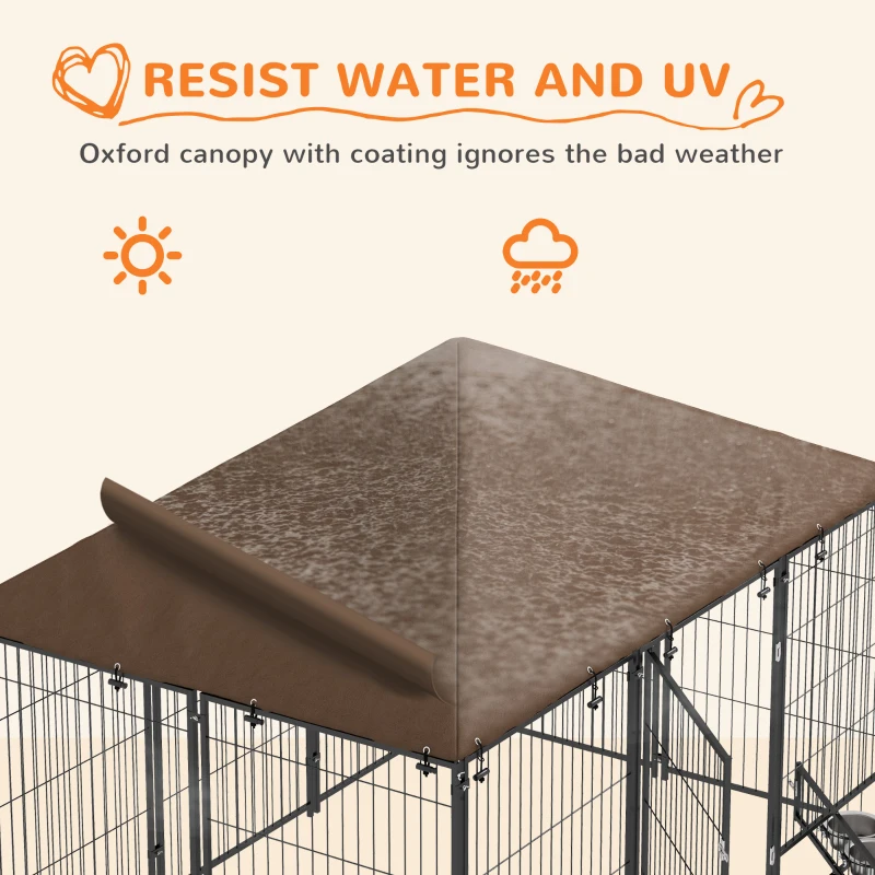 PawHut Outside Dog Kennel, 6.9' x 4.6' x 5' Puppy Play Pen with Canopy, Garden Playpen Fence Crate with Rotating Bowl, Black