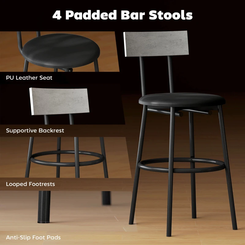 HOMCOM 5-Piece Bar Table Set, Industrial Bar Table and Stools for 4 with Footrest and Steel Frame for Kitchen, Cement Grey