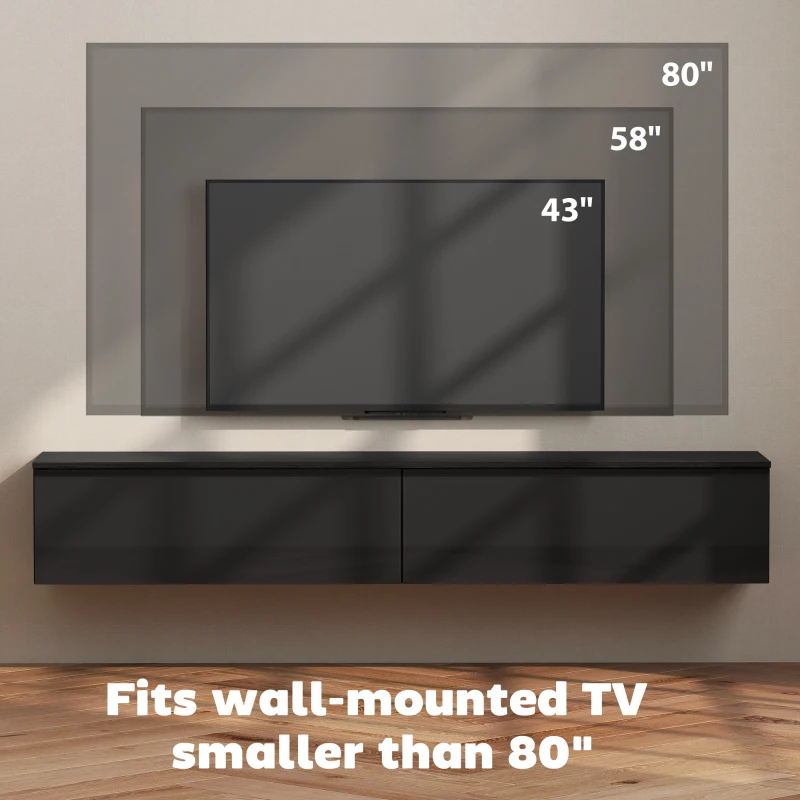 HOMCOM Wall Mounted TV Stand, Floating TV Cabinet with Storage, for TVs up to 70", High Gloss Effect, Black