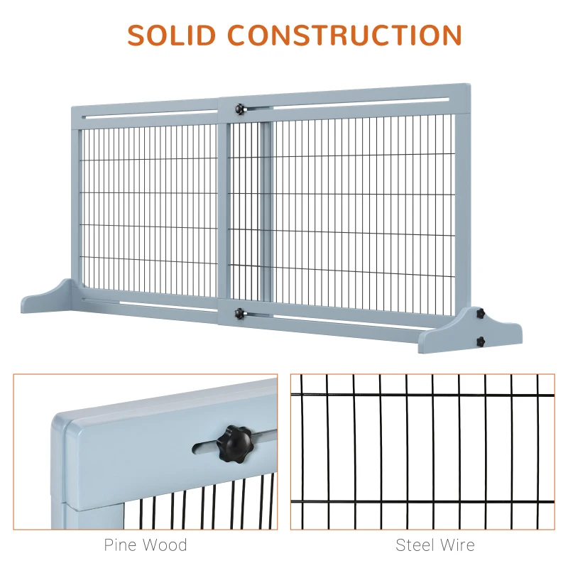 PawHut 71" W x 27.25" H Extra Wide Freestanding Pet Gate with Adjustable Length Dog, Cat, Barrier for House, Doorway, Hallway, Blue-Gray