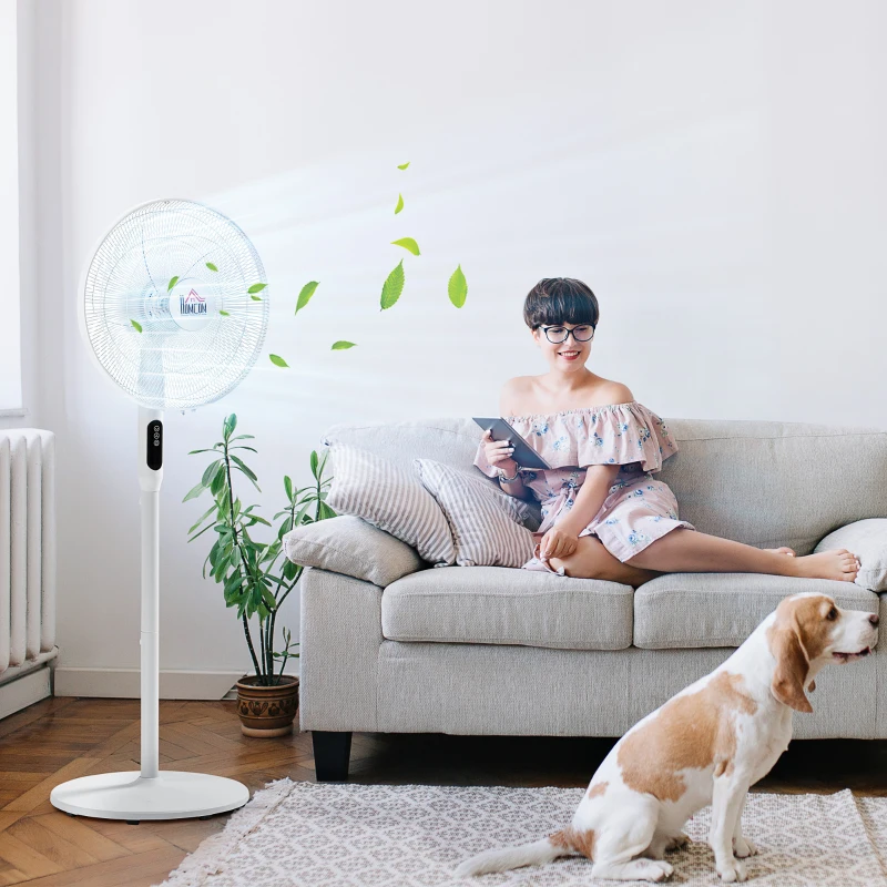 HOMCOM Floor Standing Fan with Remote Control, Oscillating, LED Screen, Stand Up Cooling Fan, Tall Pedestal Electric Fan for Home Bedroom, White