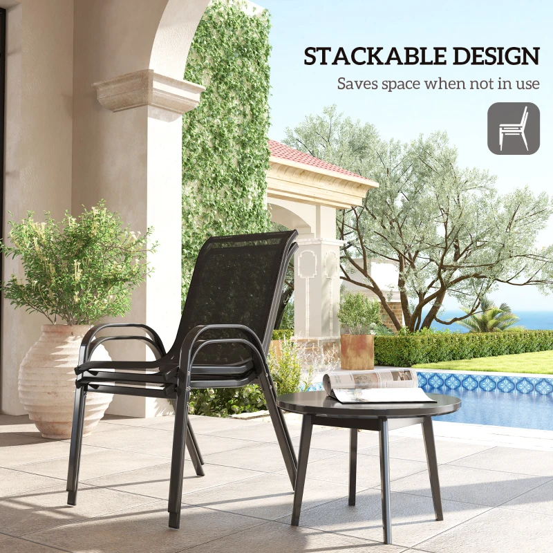 Outsunny Set of 2 Outdoor Dining Chairs, Stackable Lawn Chairs with High Back, Breathable Mesh Seat for Garden Porch, Black