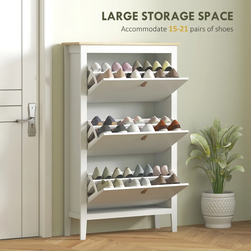 HOMCOM Narrow Shoe Cabinet with 3 Flip Drawers, Adjustable Shelves for Entryway, Holds 15-21 Pairs, White