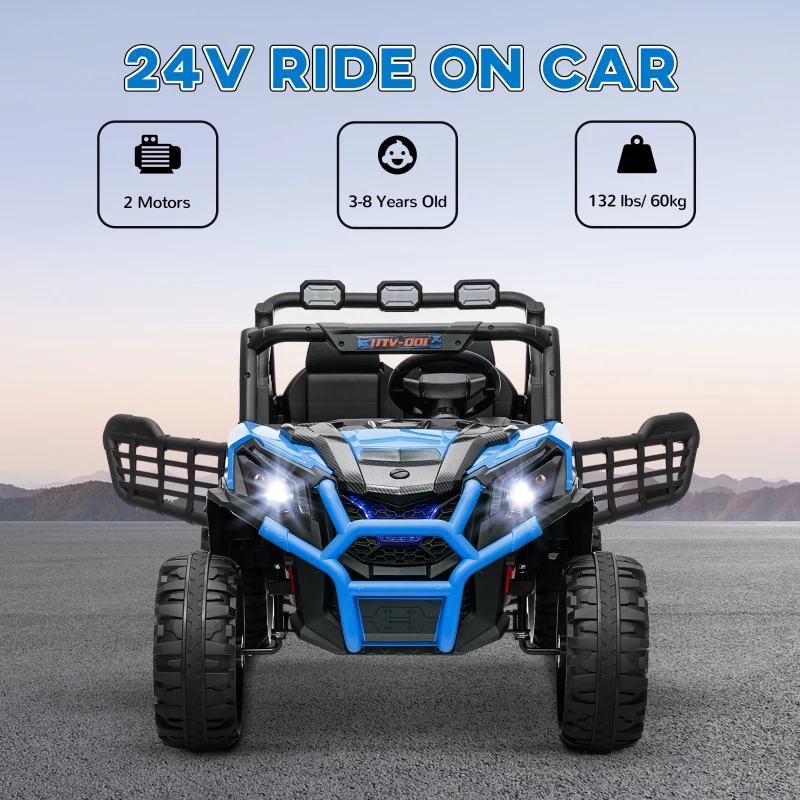 Qaba 2 Seater 24V Electric Car for Kids w/ Remote Control, 3 Speed, LED Lights, Music, Horn, Spring Suspension, Blue