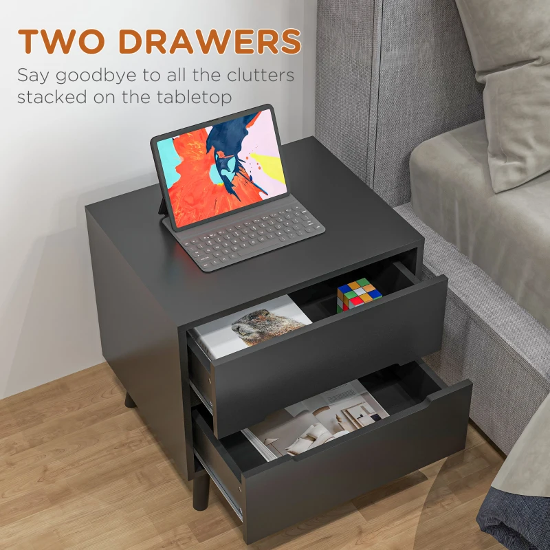 HOMCOM Modern Nightstand, Night Table with 2 Drawers, Bed End Table with Solid Wood Legs for Bedroom