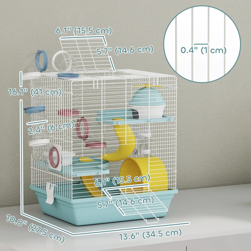PawHut 3-Level Hamster Cage with Exercise Wheel, Play Tube, Water Bottle, Food Dish, Hut, Ladder, Blue