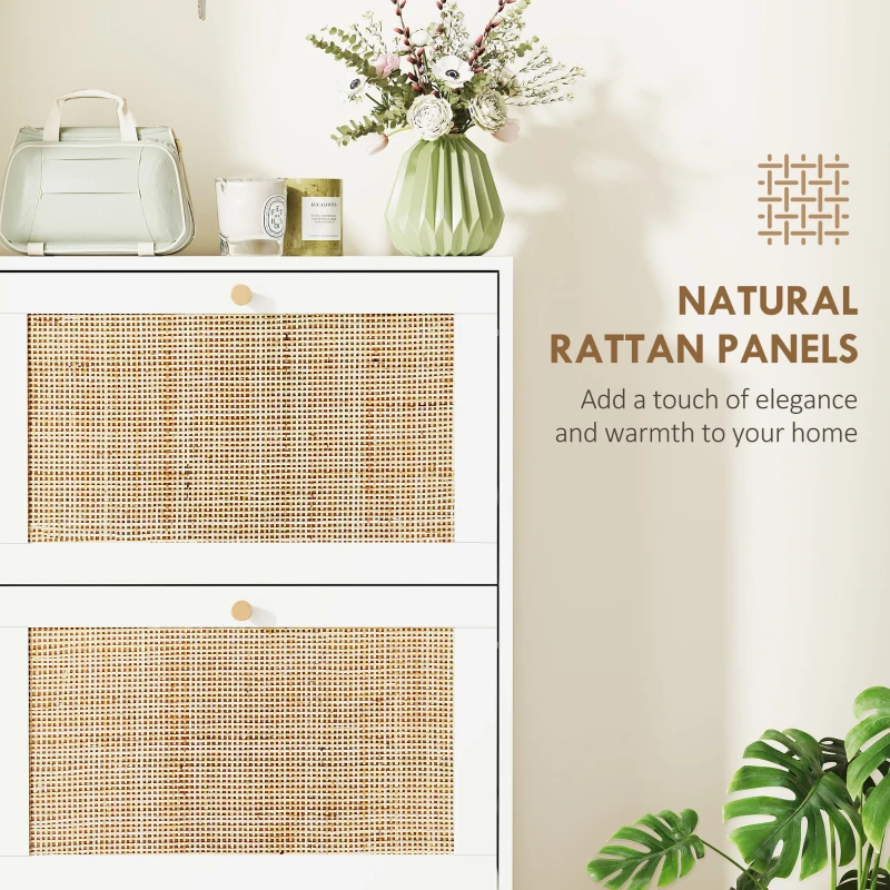 HOMCOM Rattan Shoe Storage Cabinet with 3 Flip Drawers and Adjustable Shelves, Entryway Shoe Cabinet for 18 Pairs, White
