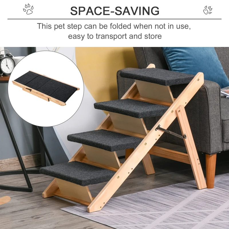 PawHut Wood Pet Stairs 2 In 1 Convertible Dog Steps and Carpeted Ramp Portable Foldable 4 Level Cat Ladder for High Bed Couch Car