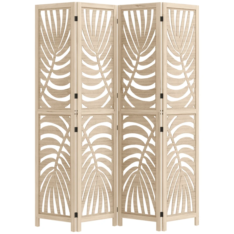 HOMCOM 4 Panel Room Divider, Detachable Folding Privacy Screens with Palm Leaf Design for Home Office, Natural Wood Finish