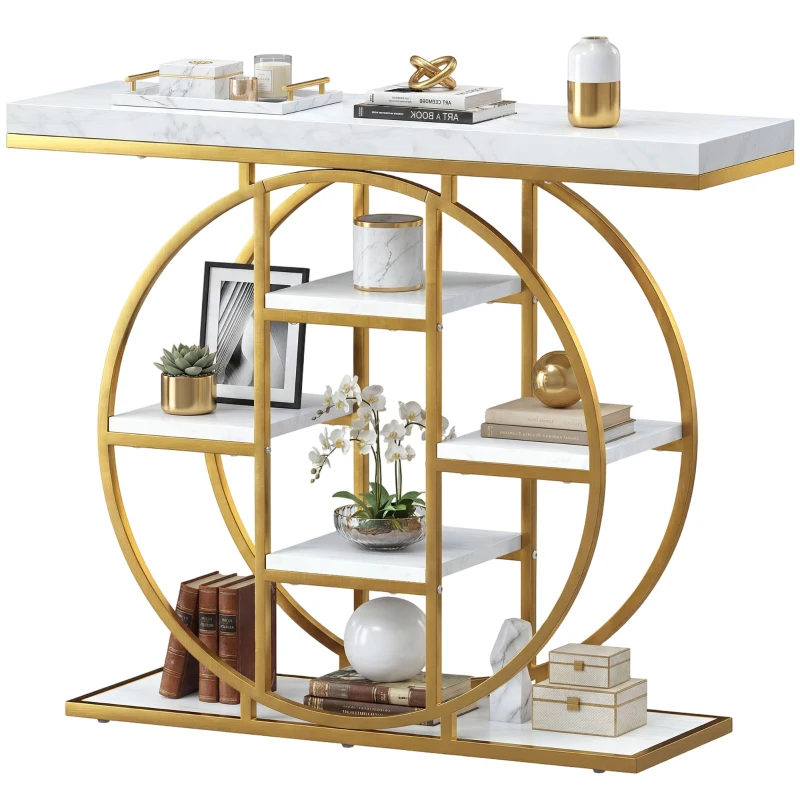 HOMCOM 39.4" Console Table with Storage Shelves, Industrial Sofa Table for Living Room, Hallway, White Marble Effect
