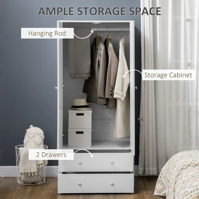 HOMCOM Armoire Wardrobe Closet with 2 Drawers, 71" Tall Wardrobe Cabinet with Hanging Rod, 2 Door Bedroom Armoires, Modern Clothing Storage Cabinet for Bedroom, White