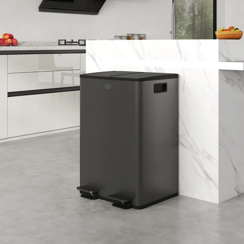 HOMCOM Garbage Bin, Soft-Close Trash Can with Foot Pedal, 2x7.4 Gal (2x28 L) Garbage Can with Removable Inner Buckets, SBlack