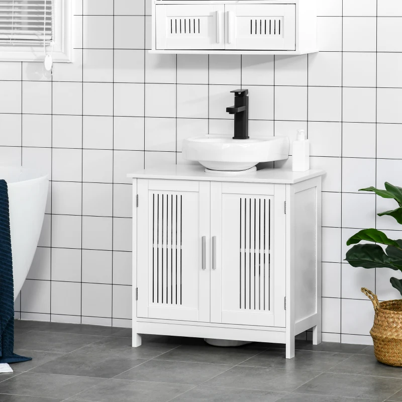 kleankin Modern 24" Bathroom Sink Cabinet, Pedestal Sink Storage Cabinet with Double Slat Doors and Shelf, White