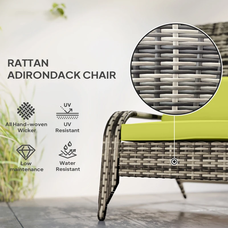 Outsunny Patio Wicker Adirondack Chair, Outdoor PE Rattan Fire Pit Chair, Muskoka Chair w/ Soft Cushions, Tall Curved Backrest and Comfortable Armrests for Deck Garden, Green
