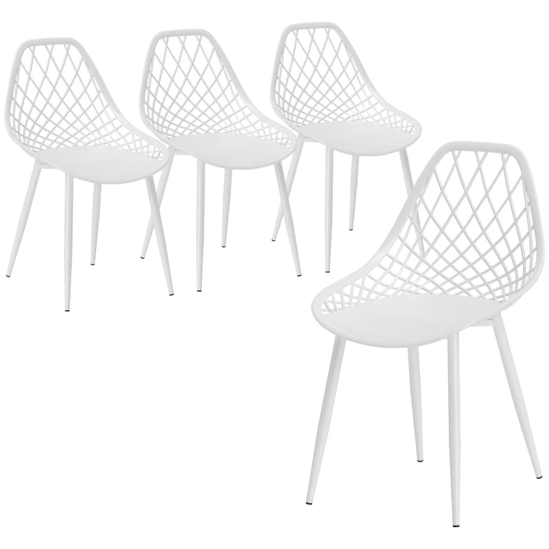 HOMCOM Modern Dining Chairs Set of 4, Plastic Kitchen Chairs with Hollow Backrest and Metal Legs for Living Dining Room, White
