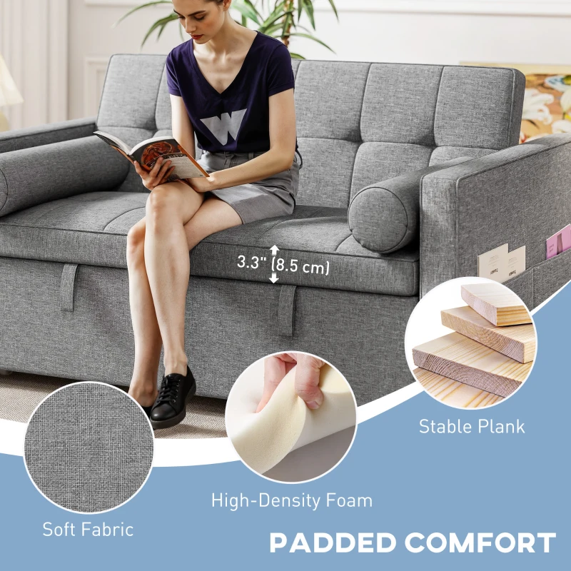 HOMCOM Pull Out Sofa Bed, Sleeper Sofa Couch with USB Ports, Small Linen Loveseat Futon Couch for Living Room, Grey