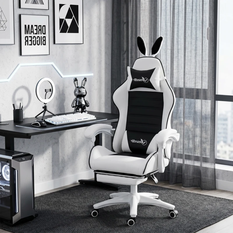 HOMCOM Cute Racing Gamer Chair, PU Leather Gaming Chair with Footrest, Headrest and Lumbar Support, Black