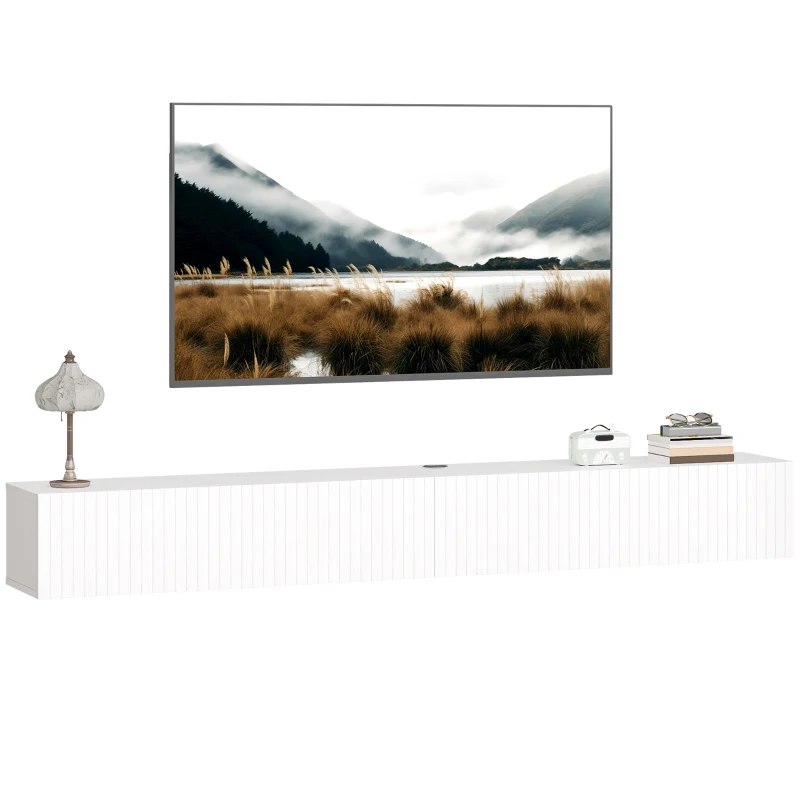 HOMCOM 71" Floating TV Stand for TVs up to 72 Inch, Wall Mount Media Console with 2 Fluted Flip-Down Doors, Cable Hole, White