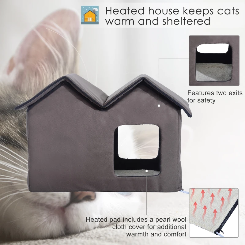 PawHut Double Heated Cat House Portable Indoor/Outdoor Kitty Shelter for Ferral Cat in Winter, Brown