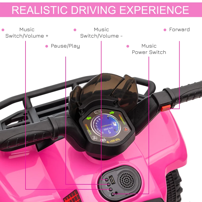 Aosom 6V Kids ATV Quad, 4 Wheeler Battery Powered Electric Ride on Car with Music, Forward, for Boys and Girls Ages 18-36 Months, Pink