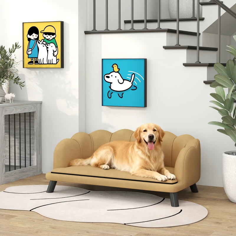 PawHut Pearl Design Pet Sofa for Medium and Large Sized Dogs, Pet Bed with Cushion and Solid Wood Legs, Coffee
