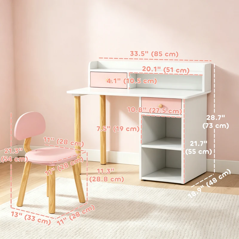 Qaba Kids Study Table and Chair Set, Kids Desk and Chair Set w/ Storage and Shelves, for 3-8 Year Old, Pink