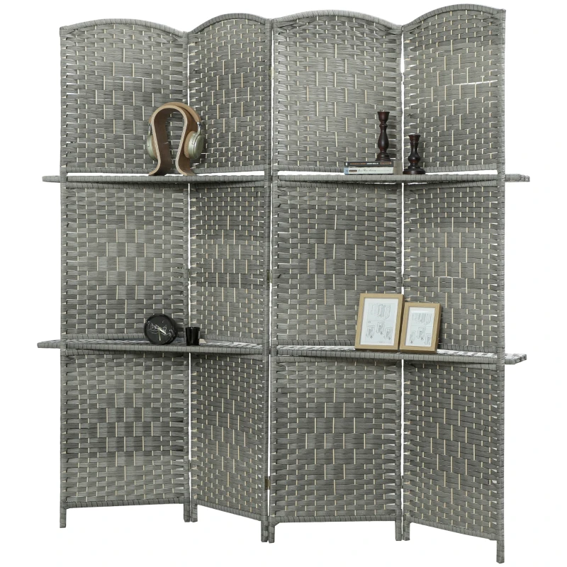 HOMCOM 6 FT Privacy Screen, 4 Panel Room Divider with Shelves for Living Room Bedroom Home Office, Grey