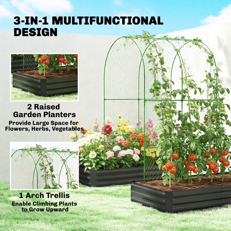 Outsunny Metal Raised Garden Bed with Trellis, Galvanized Garden Bed Kit Outdoor Garden Box with Trellis, Black