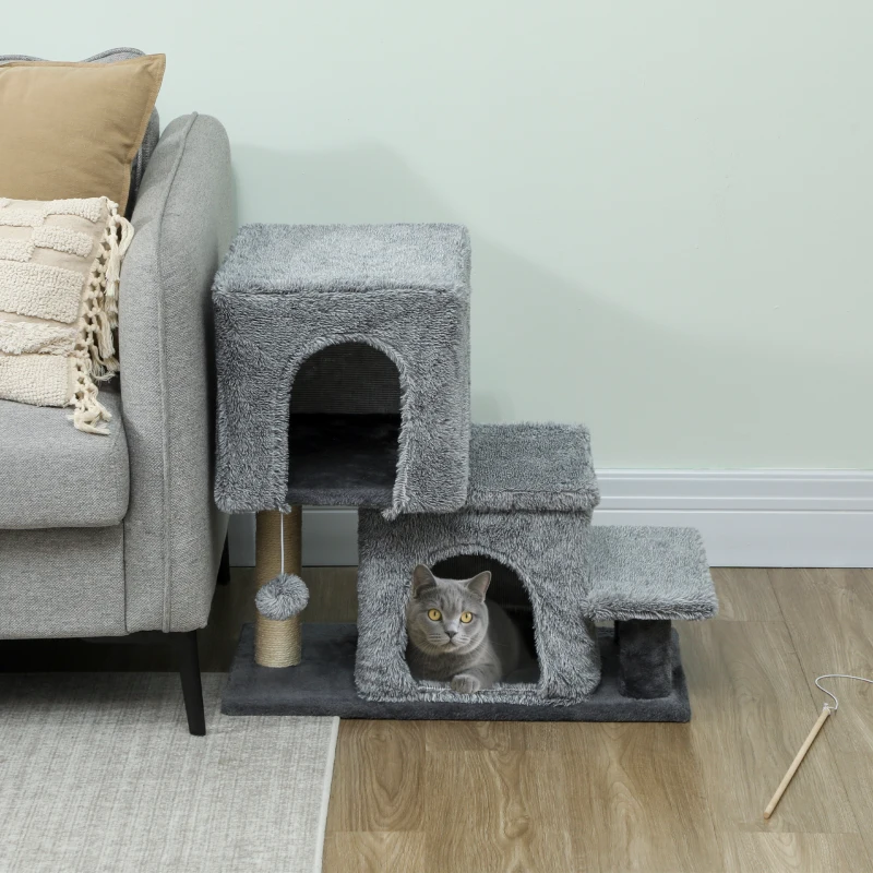 PawHut 4-Step Pet Stairs, Adjustable Height Cat Stairs with Scratching Posts Cat Condo, Hanging Ball for High Bed, Grey
