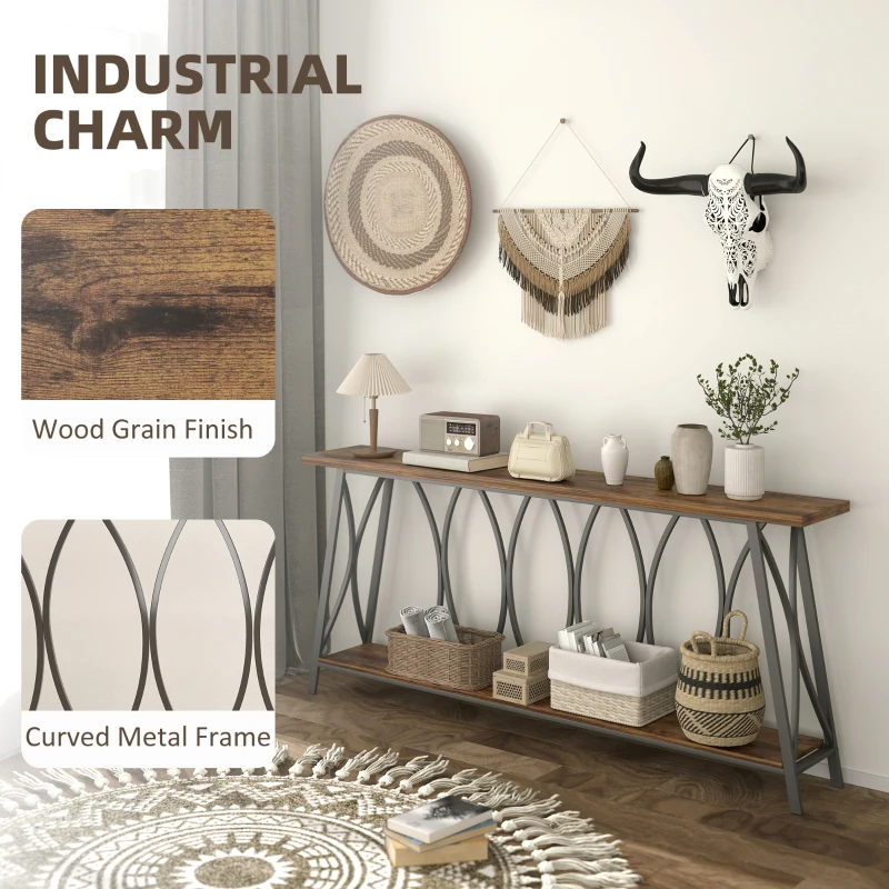 HOMCOM 71" Console Table, Industrial 2-Tier Narrow Entryway Table with Metal Frame for Living Room, Hallway, Rustic Brown