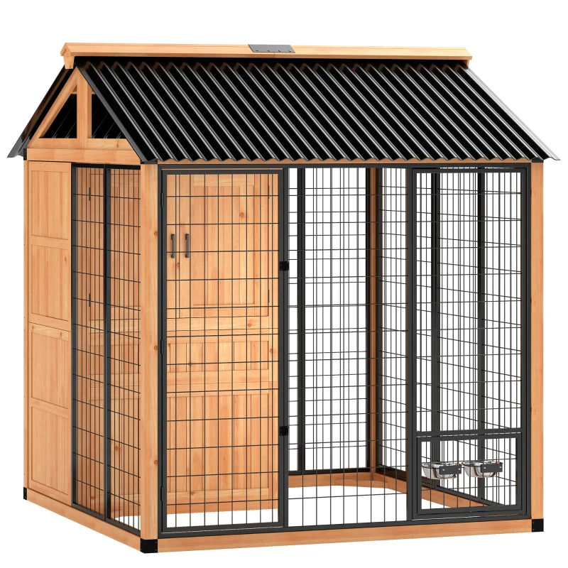 PawHut 86" L Dog House Outdoor, Wooden Dog Kennel with Storage Cabinet, Stainless Steel Bowls for Large Breeds, Yellow