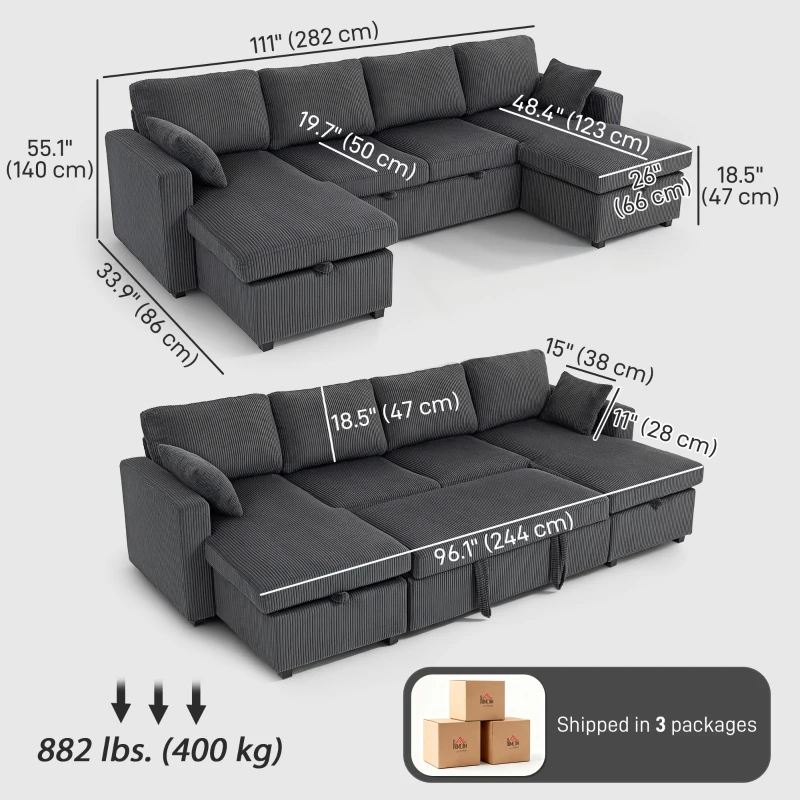 HOMCOM Convertible Sofa Bed, Corduroy U-Shaped Sleeper Sofa Couch with Storage Chaise, Pillows, Spring, Futon Couch, Grey