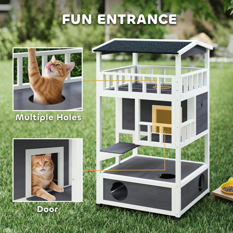 PawHut 4-Floor Wood Outdoor Cat House Catio for Cats with Condo, Fun Entrances, Perch, Grey